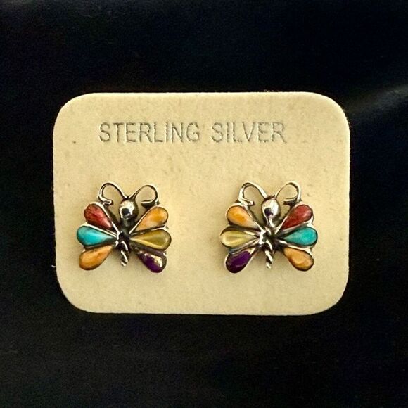 Southwestern Multi Gemstone Inlay Butterfly Dainty Stud Push Back Earrings New - Picture 1 of 4